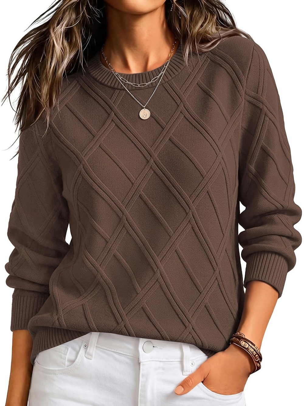 🆕 Women's Brown Long Sleeve Cable Knit Crewneck Cozy Pullover Sweater
